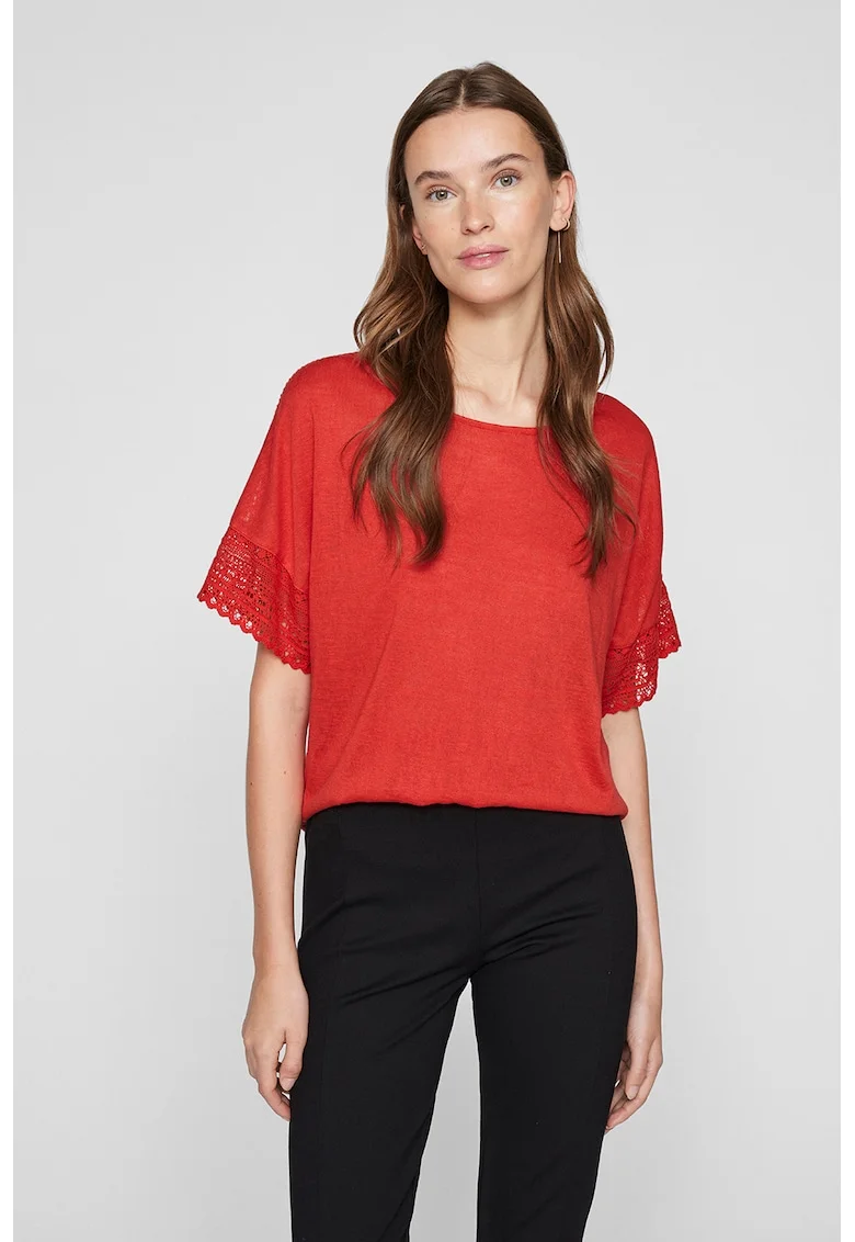Tricou din amestec de viscoza cu maneci perforate, Coral