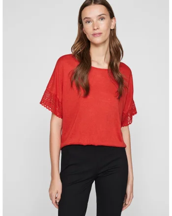 Tricou din amestec de viscoza cu maneci perforate, Coral
