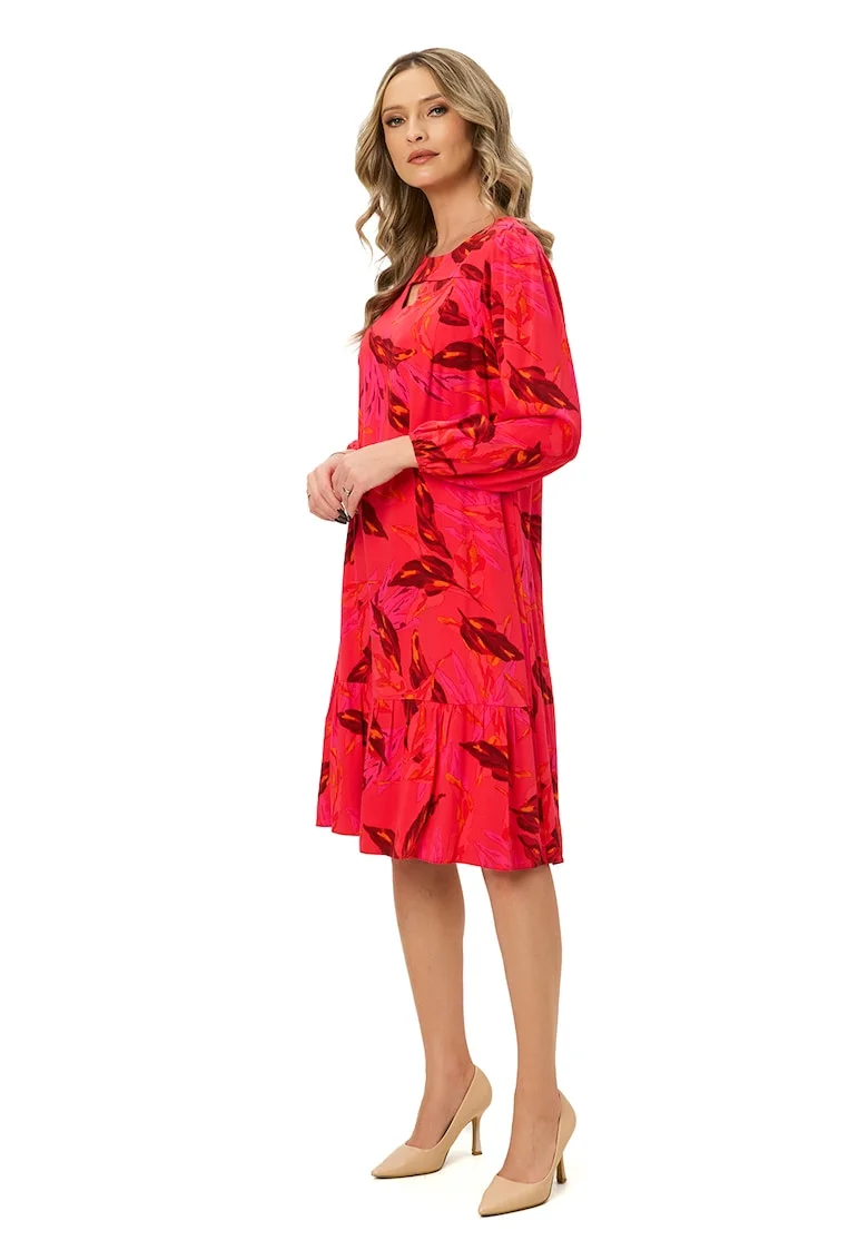 Rochie cu model si maneci lungi Ema, Negru/Coral