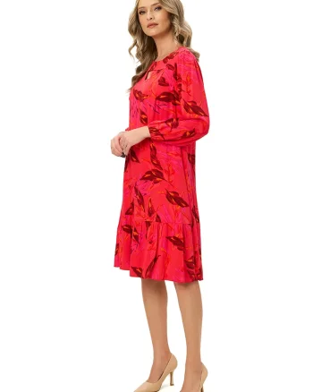 Rochie cu model si maneci lungi Ema, Negru/Coral