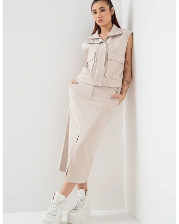 Fusta midi cu slit frontal, Alb fildes