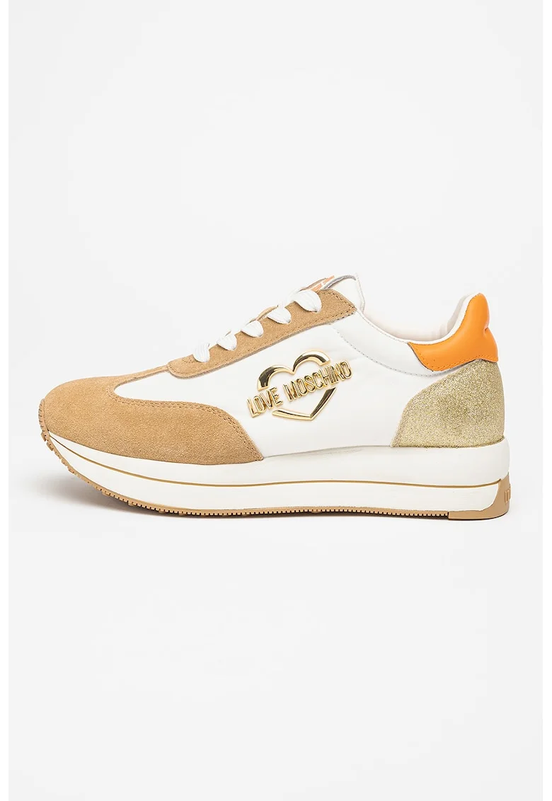 Pantofi sport low-cut cu logo si garnituri din piele intoarsa, Bej/Portocaliu mandarina/Alb murdar