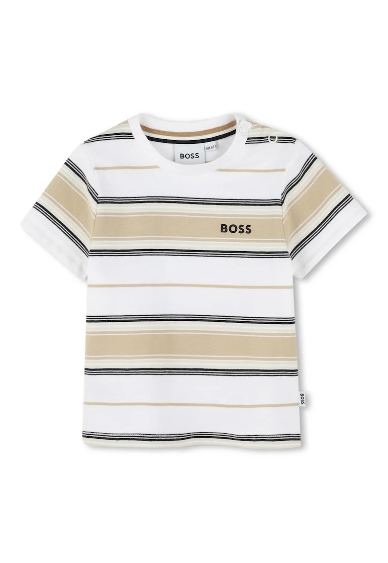 Tricou cu model in dungi si detaliu logo, Alb/Bej