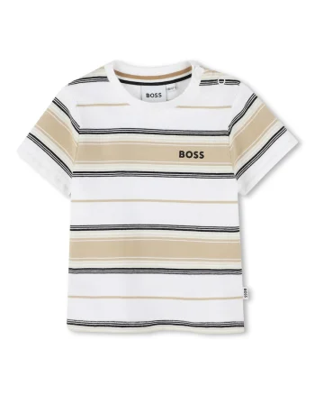 Tricou cu model in dungi si detaliu logo, Alb/Bej