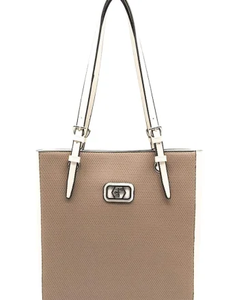 Geanta shopper de piele ecologica, Alb fildes/Maro deschis