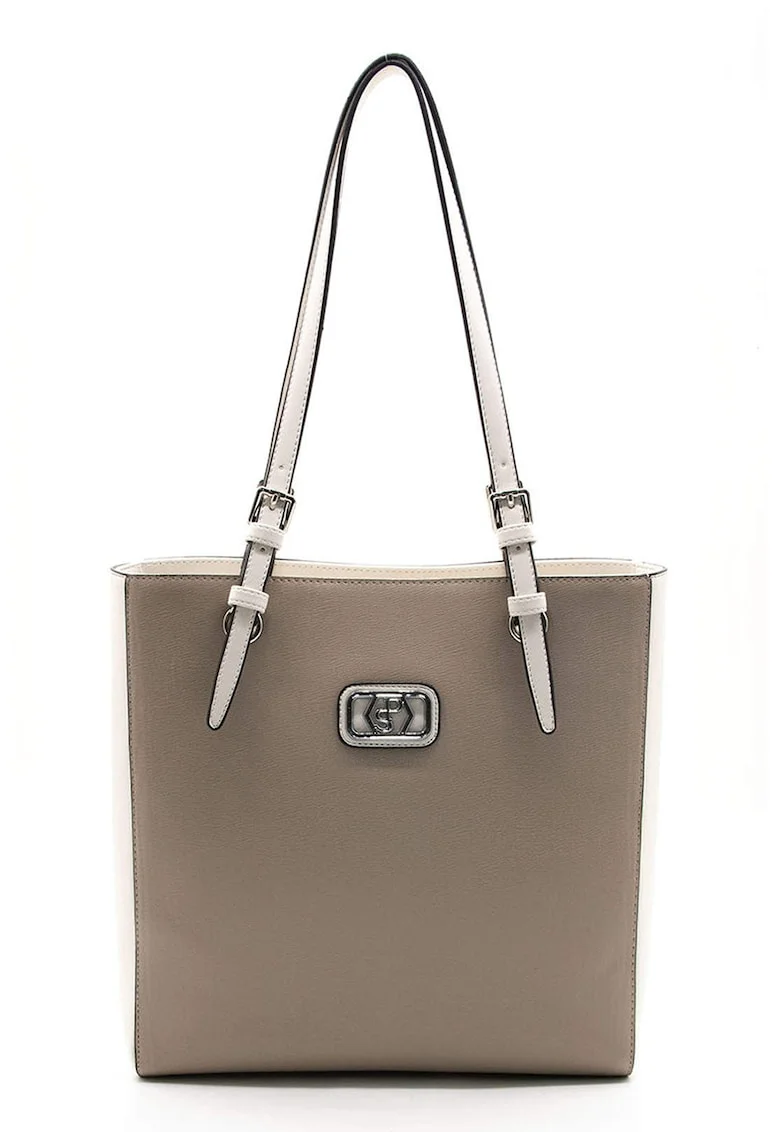 Geanta shopper de piele ecologica cu doua nuante, Maro taupe deschis