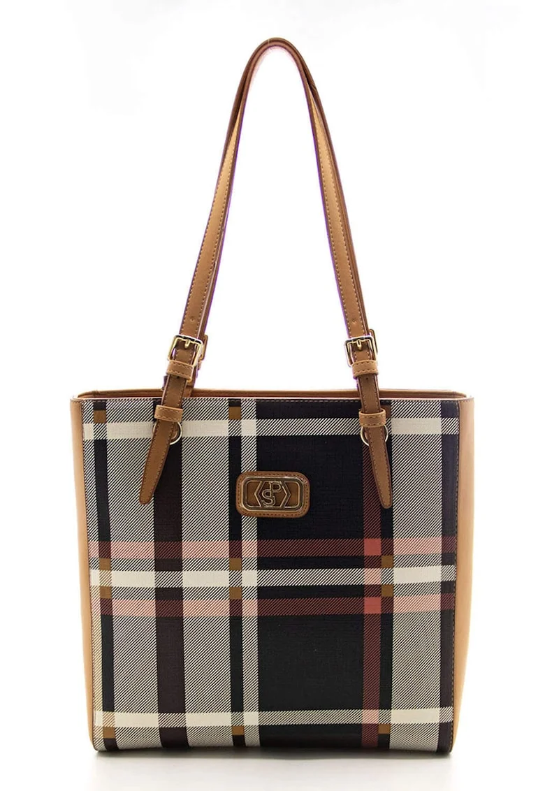 Geanta shopper de piele ecologica cu model in carouri, Maro/Bej/Negru stins