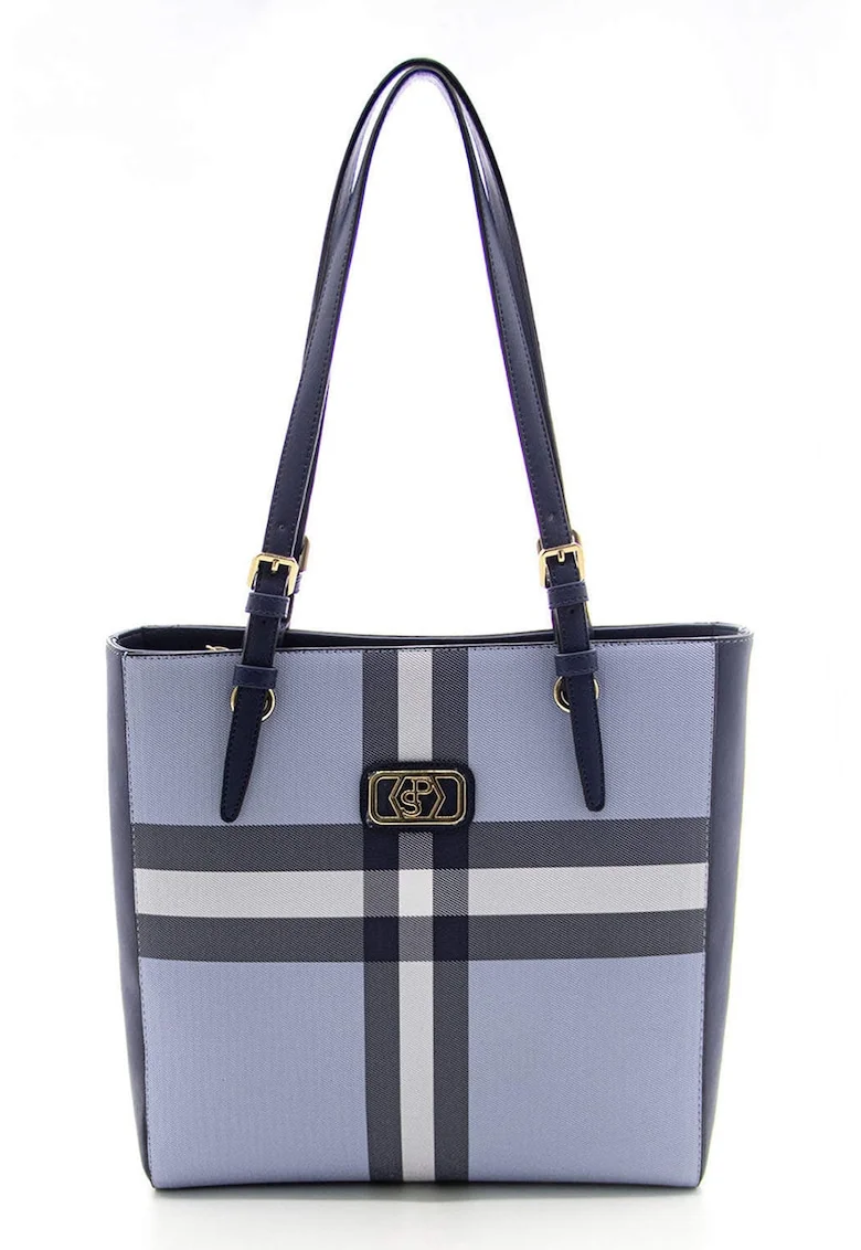Geanta shopper de piele ecologica cu model in carouri, Alb/Albastru deschis/Bleumarin