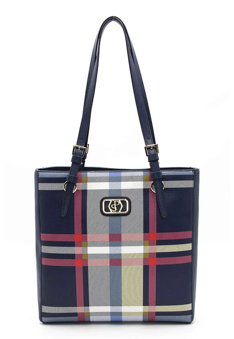 Geanta tote cu model, Alb/Roz/Bleumarin