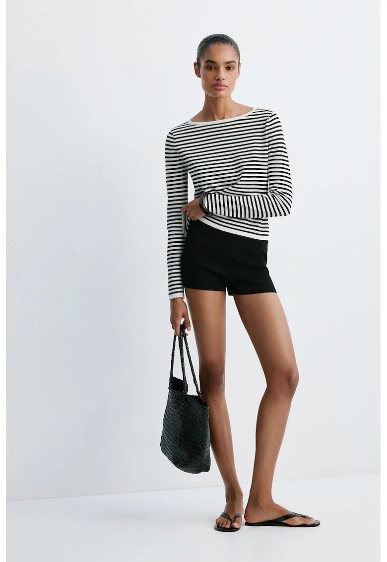 Pulover din amestec de bumbac cu model in dungi, Bej deschis