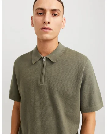 Tricou polo cu fermoar scurt, Kaki