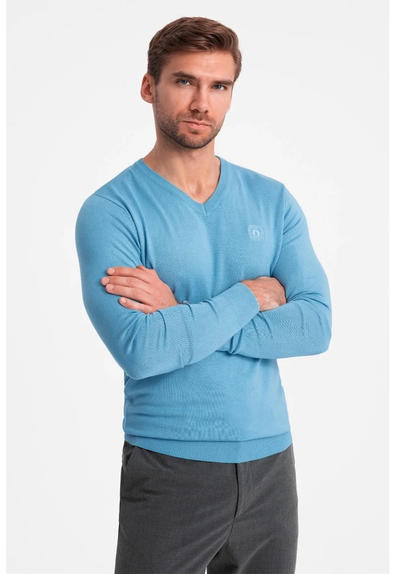 Pulover slim fit cu decolteu in V, Albastru azur