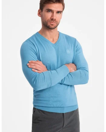 Pulover slim fit cu decolteu in V, Albastru azur