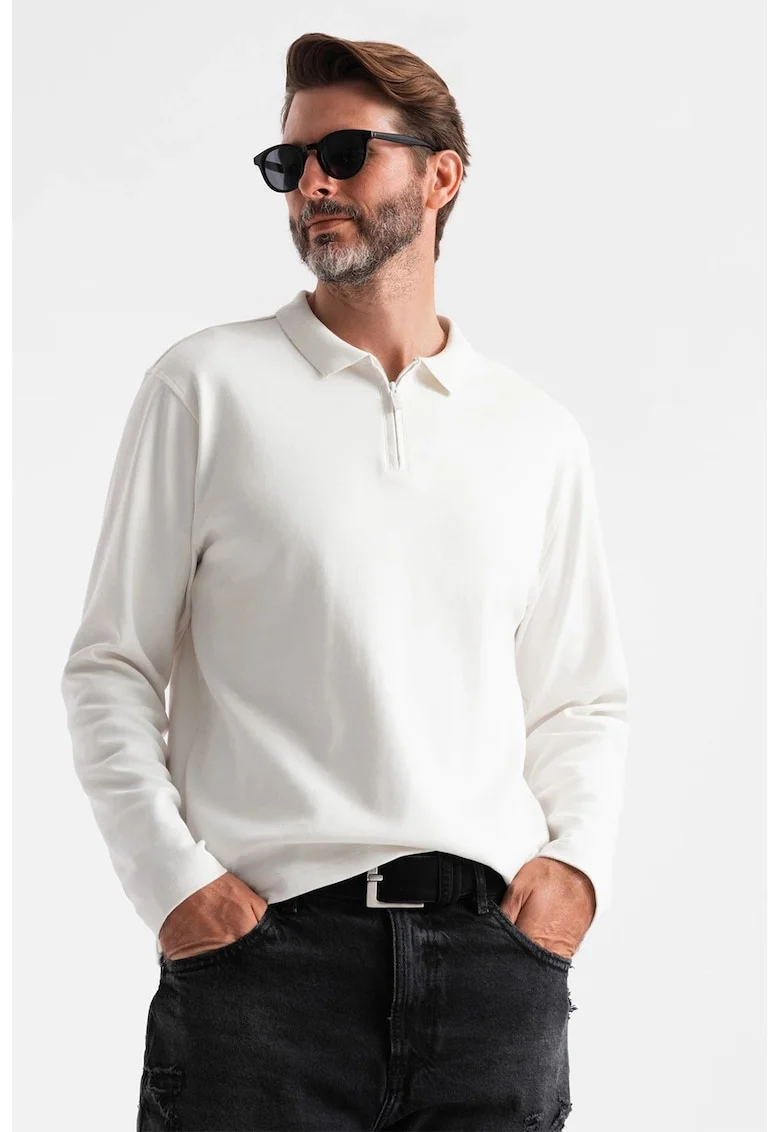 Bluza polo cu fenta cu fermoar, Alb