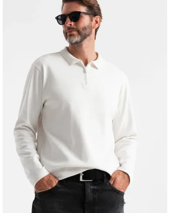 Bluza polo cu fenta cu fermoar, Alb