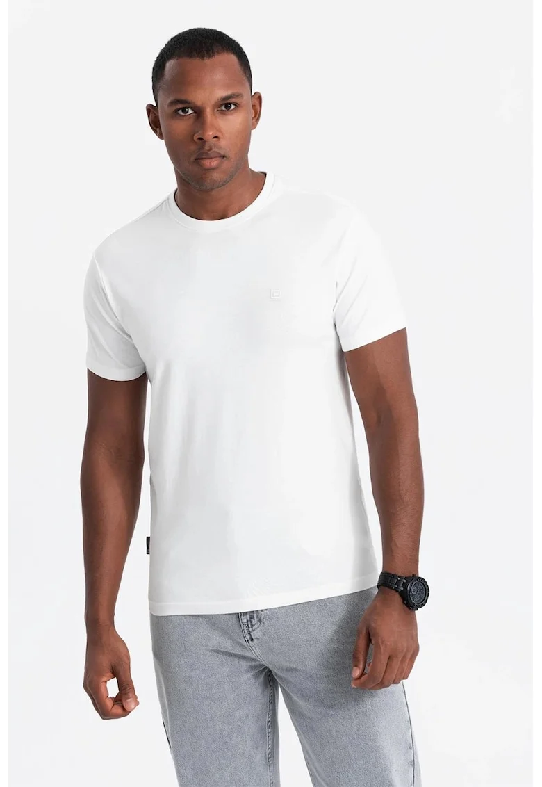 Tricou slim fit din amestec de bumbac cu decolteu rotund, Alb