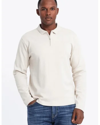 Bluza polo cu fenta cu fermoar, Alb fildes