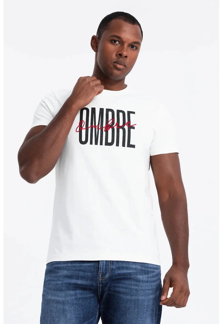 Tricou de bumbac cu model text, Alb/Bleumarin