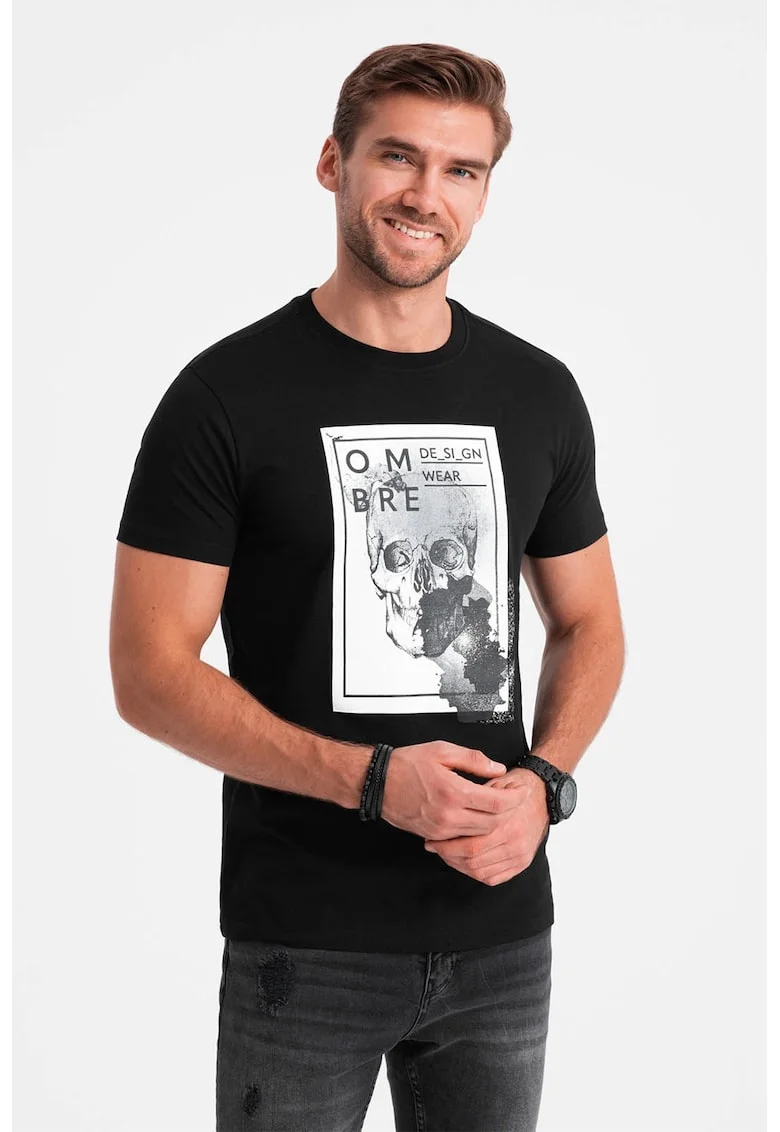 Tricou slim fit din bumbac cu model grafic, Alb/Negru