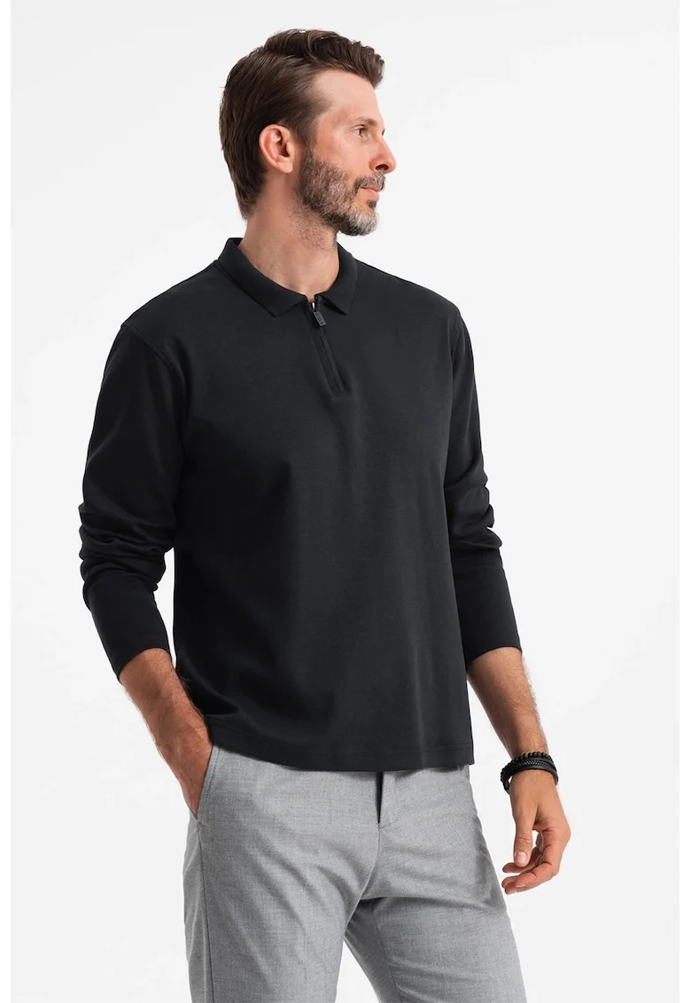 Bluza polo cu fenta cu fermoar, Negru stins