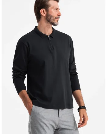 Bluza polo cu fenta cu fermoar, Negru stins