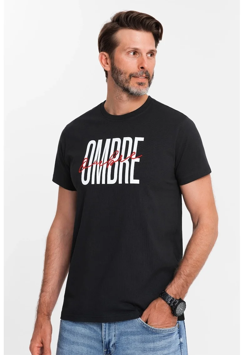 Tricou de bumbac cu model text, Alb/Negru