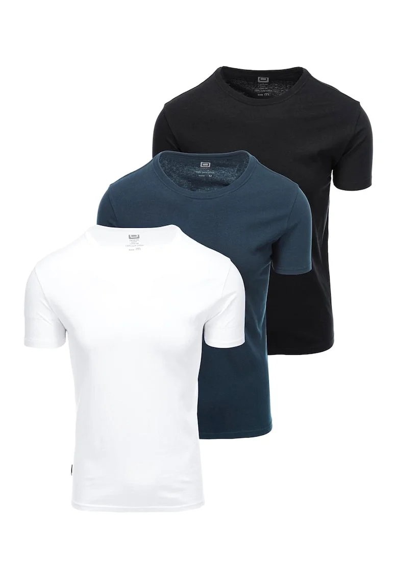 Set de tricouri uni de bumbac cu decolteu la baza gatului - 3 piese, Alb/Negru/Albastru inchis