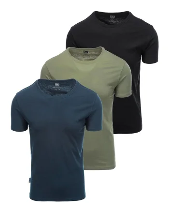 Set de tricouri uni de bumbac cu decolteu la baza gatului - 3 piese, Negru/Albastru inchis/Verde sparanghel