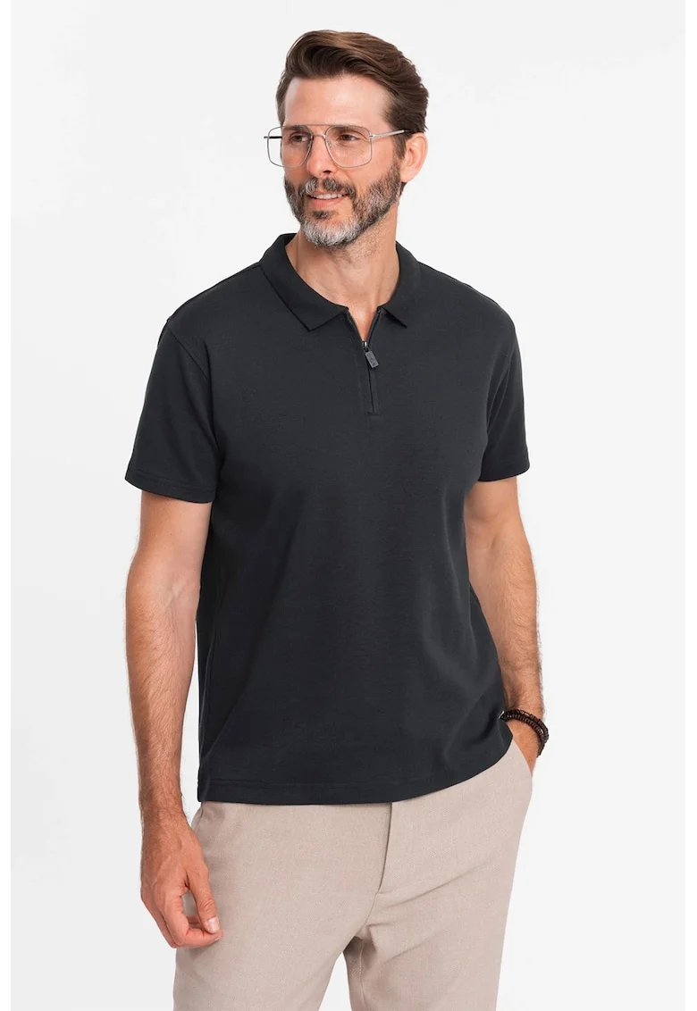 Tricou polo cu fenta cu fermoar, Negru stins