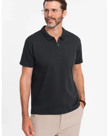 Tricou polo cu fenta cu fermoar, Negru stins
