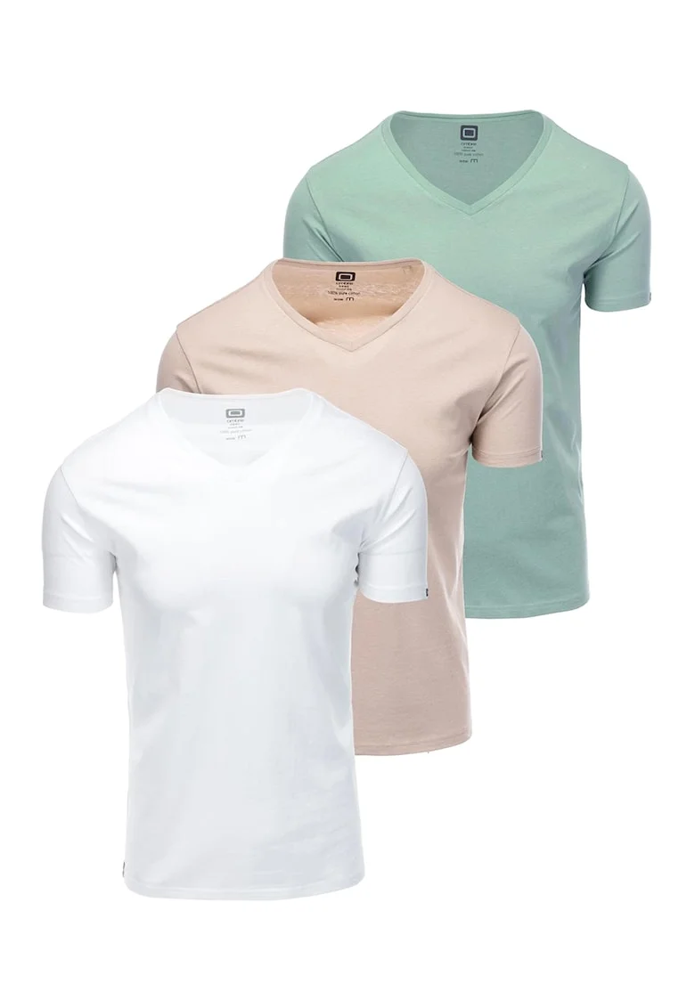 Set de tricouri uni de bumbac - 3 piese, Alb/Maro deschis/Verde deschis