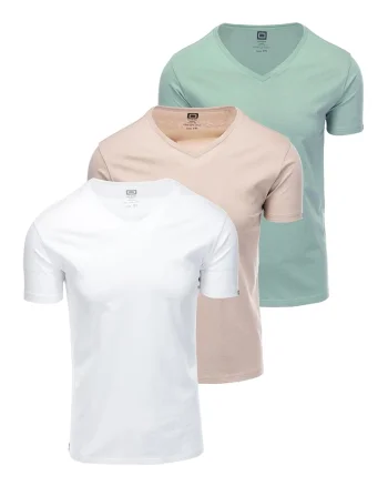 Set de tricouri uni de bumbac - 3 piese, Alb/Maro deschis/Verde deschis