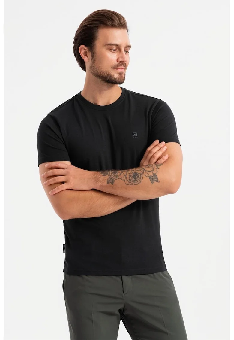 Tricou slim fit din amestec de bumbac cu decolteu rotund, Negru