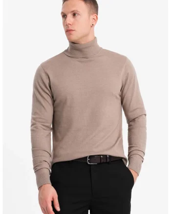 Pulover slim fit cu guler inalt, Maro deschis
