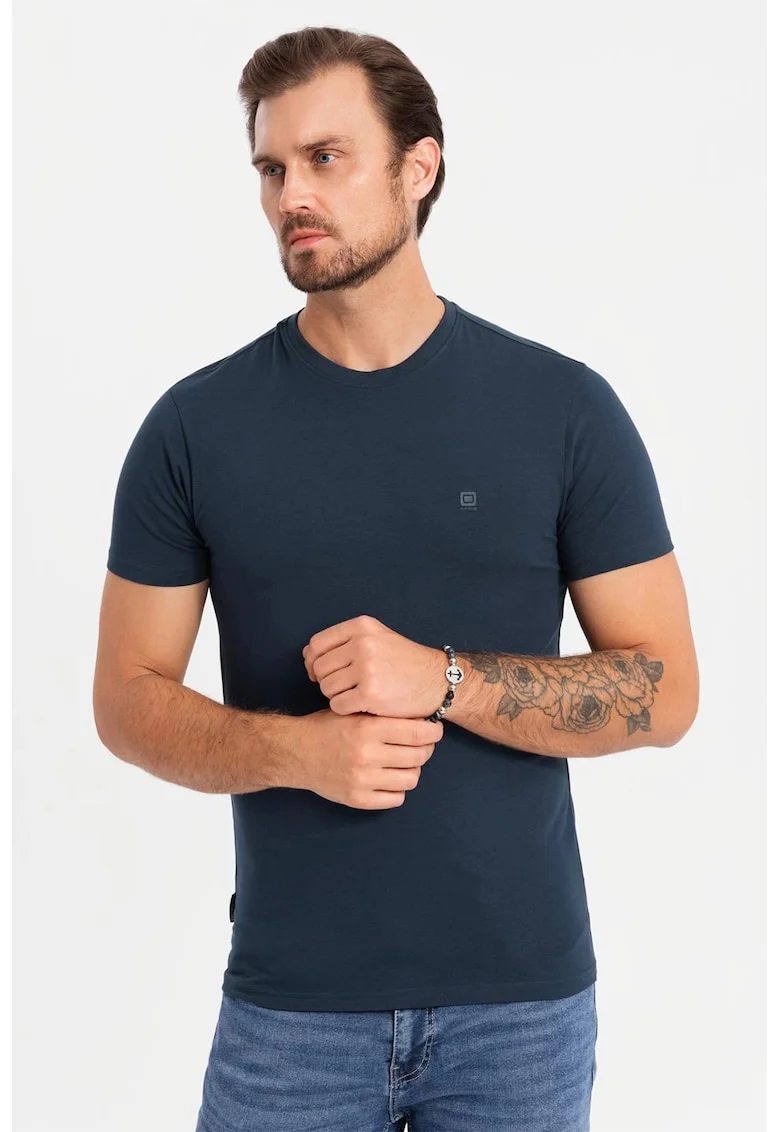 Tricou slim fit din amestec de bumbac cu decolteu rotund, Bleumarin