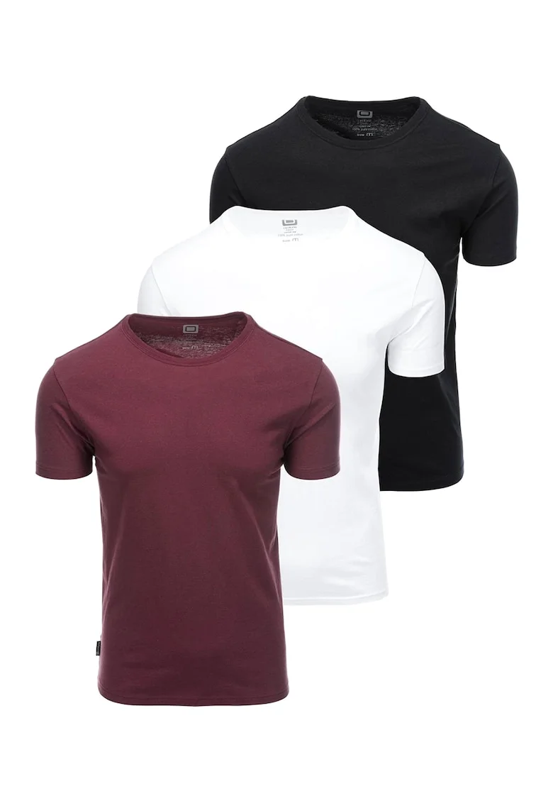 Set de tricouri uni de bumbac cu decolteu la baza gatului - 3 piese, Alb/Negru/Rosu inchis