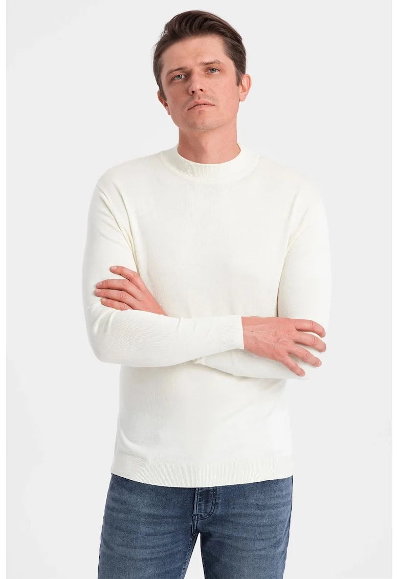 Pulover slim fit cu terminatii striate, Alb fildes