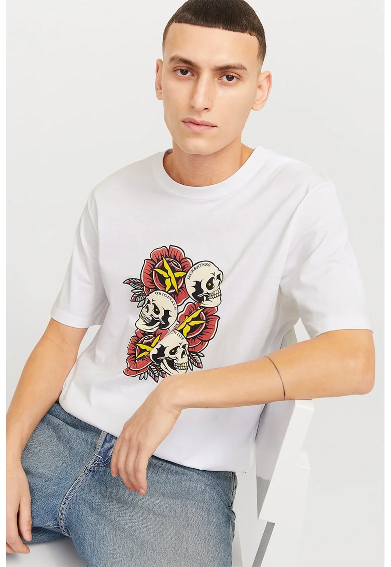 Tricou cu imprimeu si decolteu la baza gatului, Rosu/Galben/Alb murdar