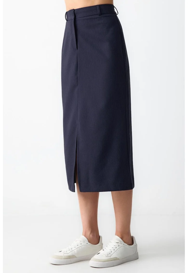 Fusta midi dreapta cu slit frontal, Bleumarin