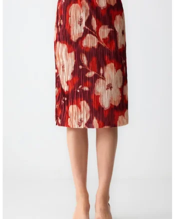 Fusta dreapta cu model floral, Rosu/Alb fildes