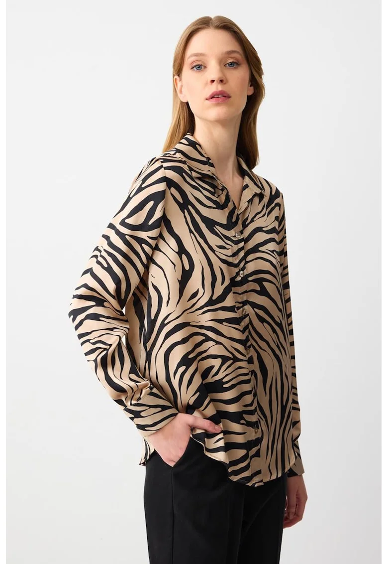 Camasa cu animal print si nasturi, Negru/Bej
