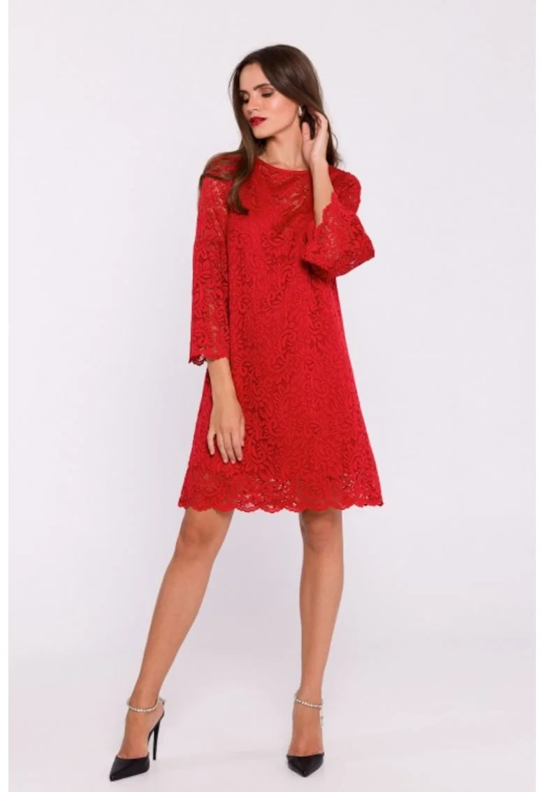 Rochie dantelata in doua straturi, tip trapez, Rosu