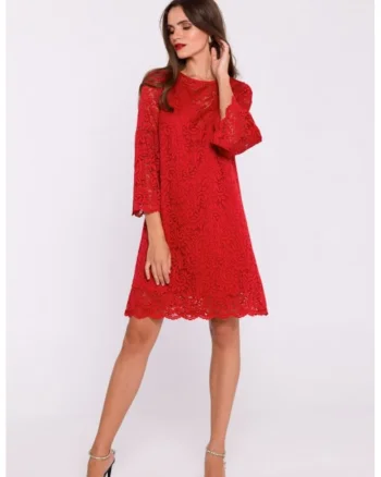 Rochie dantelata in doua straturi, tip trapez, Rosu