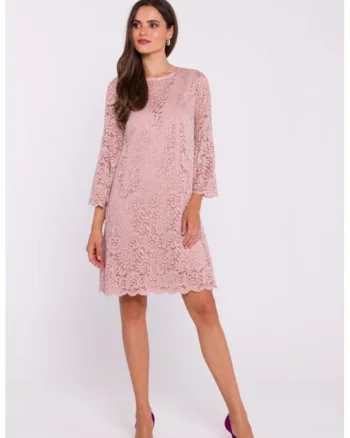 Rochie dantelata in doua straturi, tip trapez, Roz pudrat