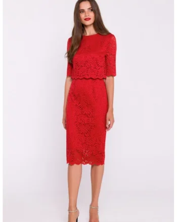 Rochie dantelata cu partea de sus dubla, Rosu