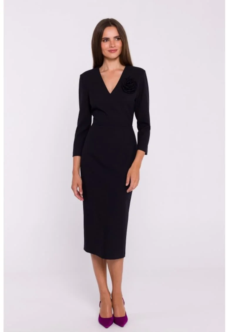 Rochie simpla midi cu decolteu in V, Negru