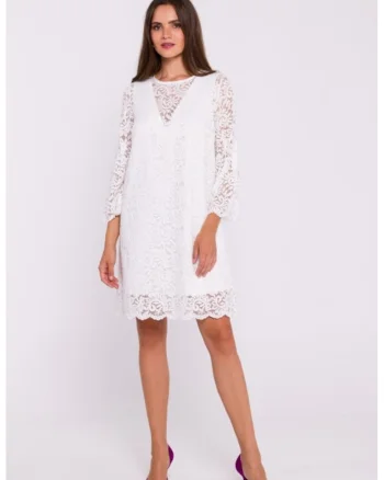 Rochie dantelata in doua straturi, tip trapez, Ecru