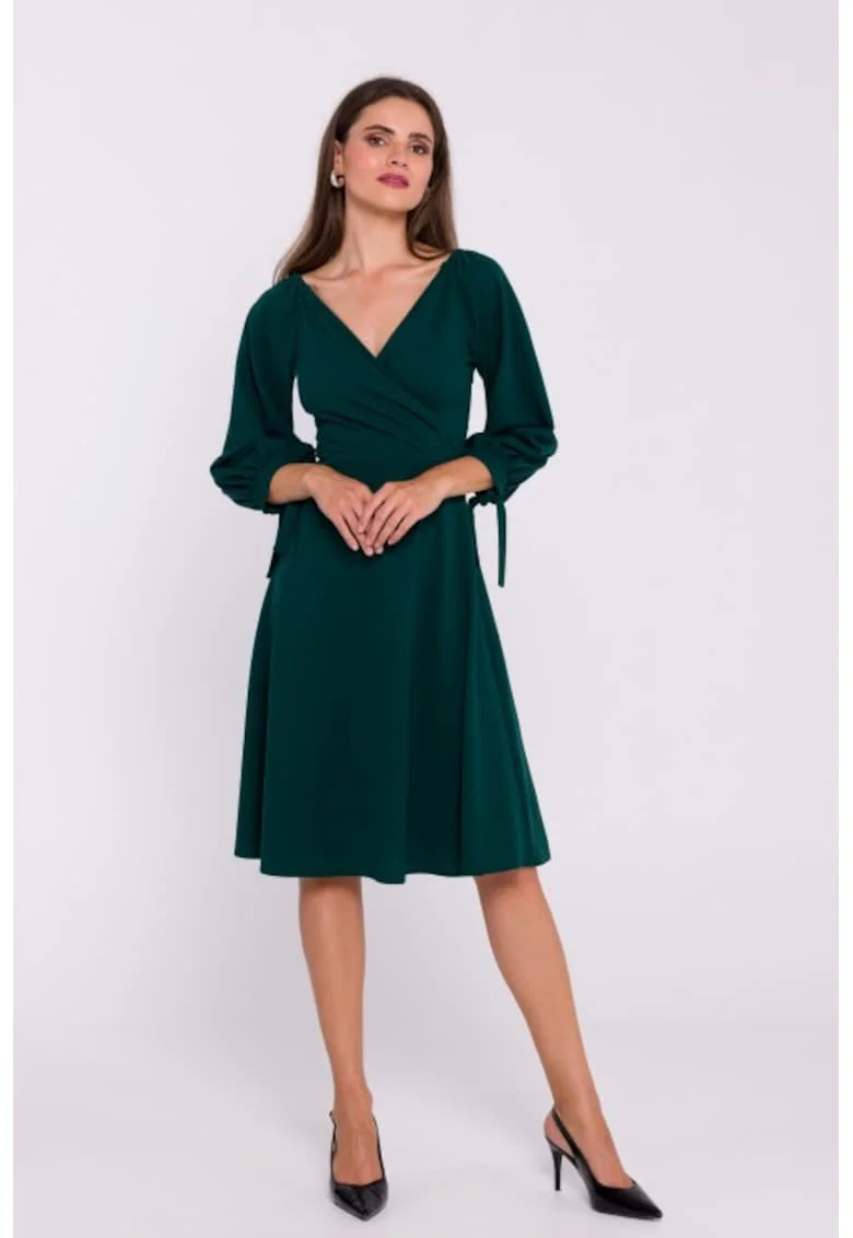 Rochie evazata cu maneci legate, Verde