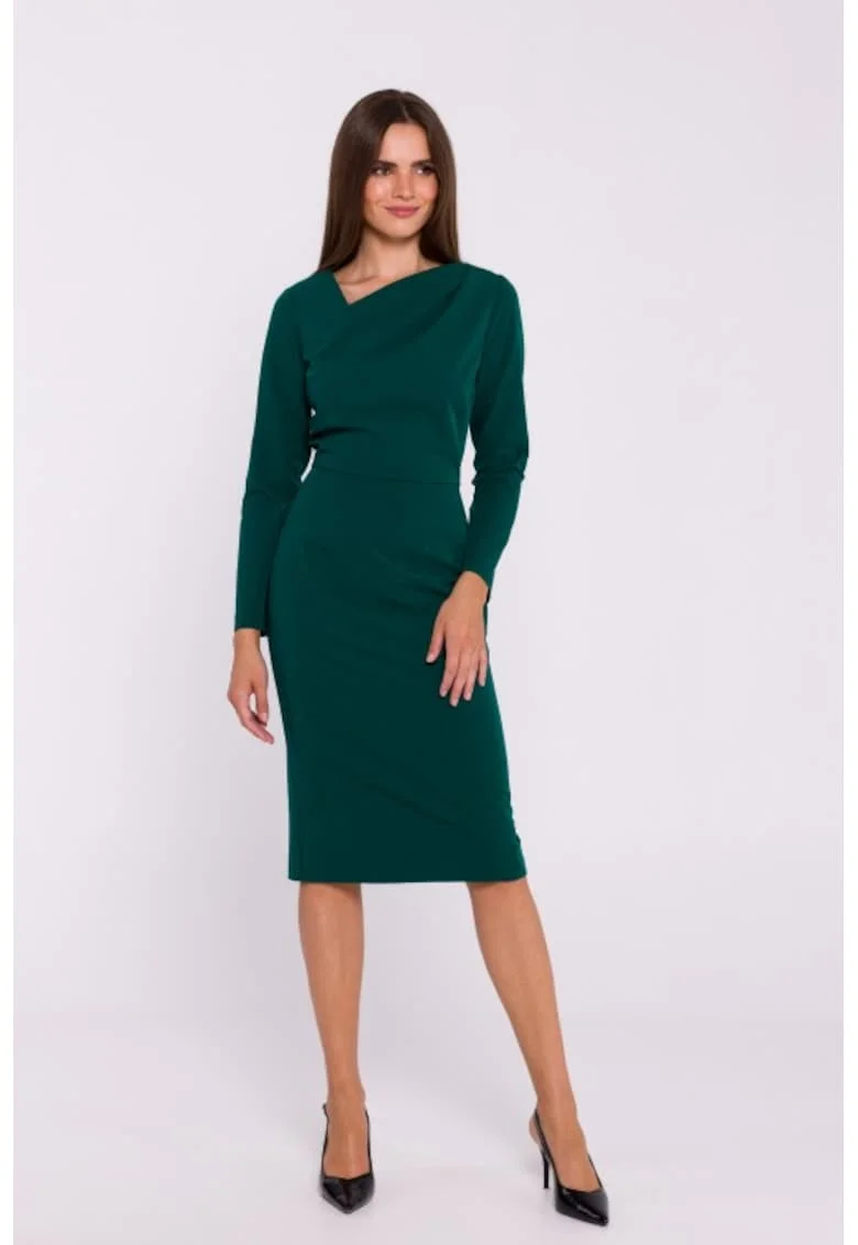 Rochie tip creion cu decolteu asimetric, Verde