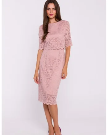 Rochie dantelata cu partea de sus dubla, Roz pudrat
